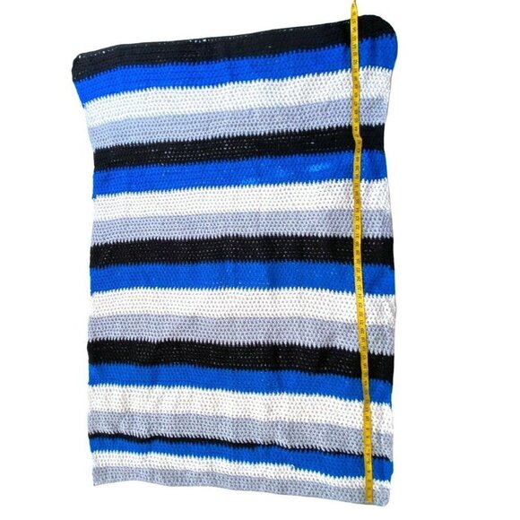Vintage 70s Hand Crocheted Afghan Lap Throw Baby Blanket Blue Striped 80s‎ Boho - Picture 7 of 9